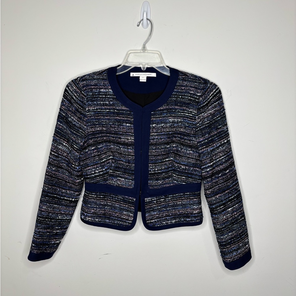 BN13 Diane Von Fusternberg DVF Alberta‎ Woven Tweed Jacket Cropped Blue Size 6